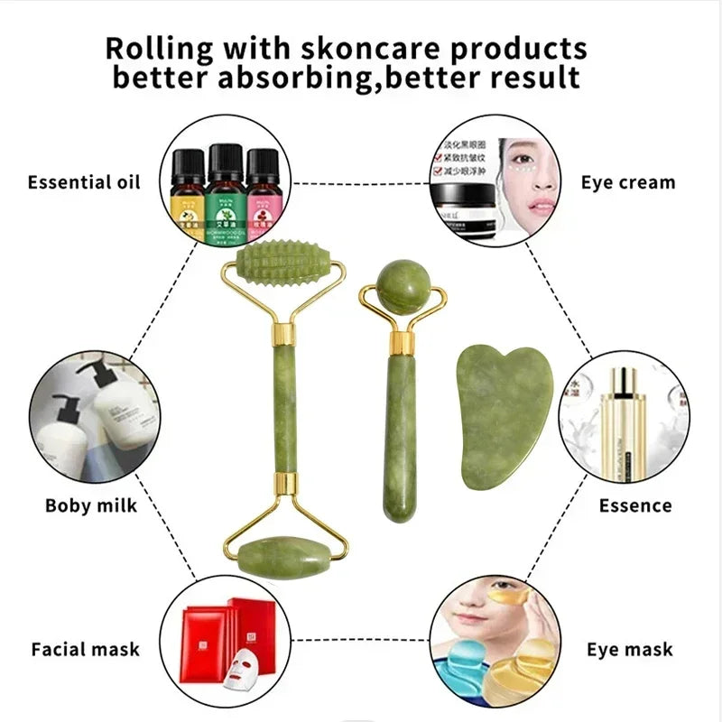 Rolo de Jade Natural e Gua Sha para Rosto e Pescoço