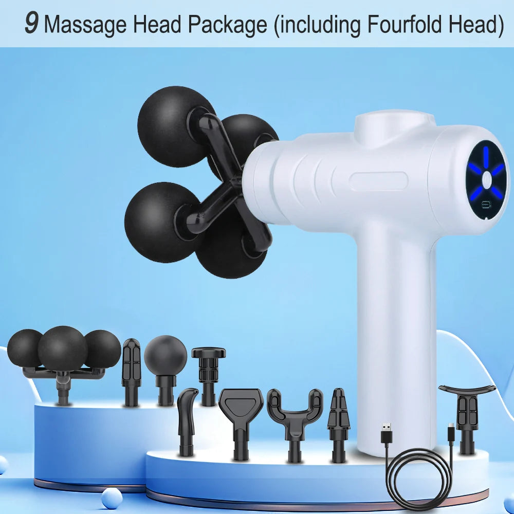 Pistola de Massagem Fascial Pro — Duplo Modo e 4 Cabeças de Massagem