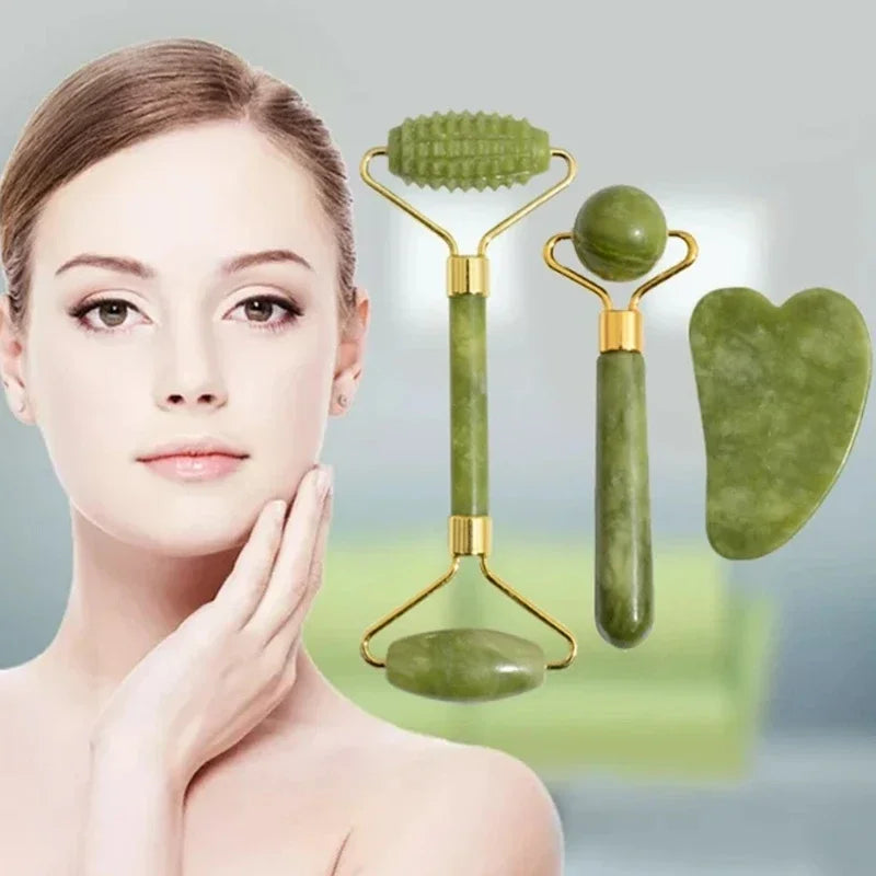 Rolo de Jade Natural e Gua Sha para Rosto e Pescoço