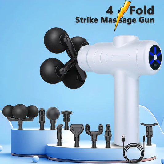 Pistola de Massagem Fascial Pro — Duplo Modo e 4 Cabeças de Massagem