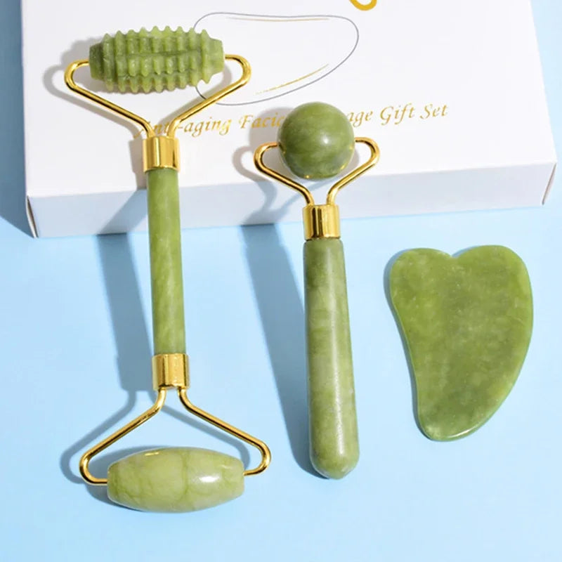 Rolo de Jade Natural e Gua Sha para Rosto e Pescoço