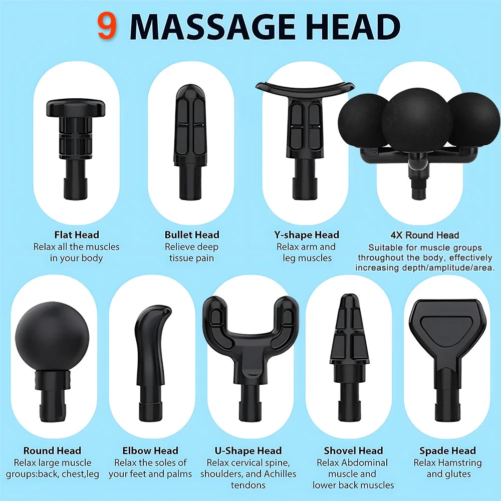 Pistola de Massagem Fascial Pro — Duplo Modo e 4 Cabeças de Massagem