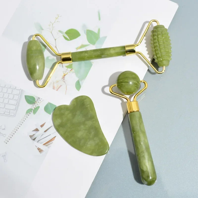 Rolo de Jade Natural e Gua Sha para Rosto e Pescoço