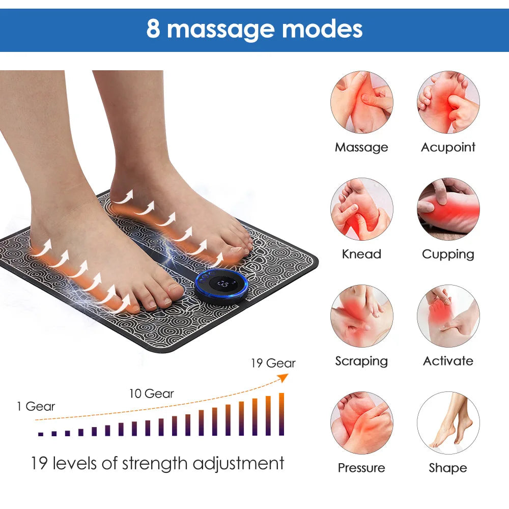 Almofada EMS de Massagem para Pés — 8 Modos e 19 Níveis de Intensidade